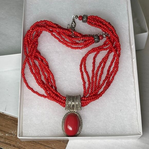 Bold Bohemian-style statement necklace multi strand cabochon pendant. - Picture 2 of 5